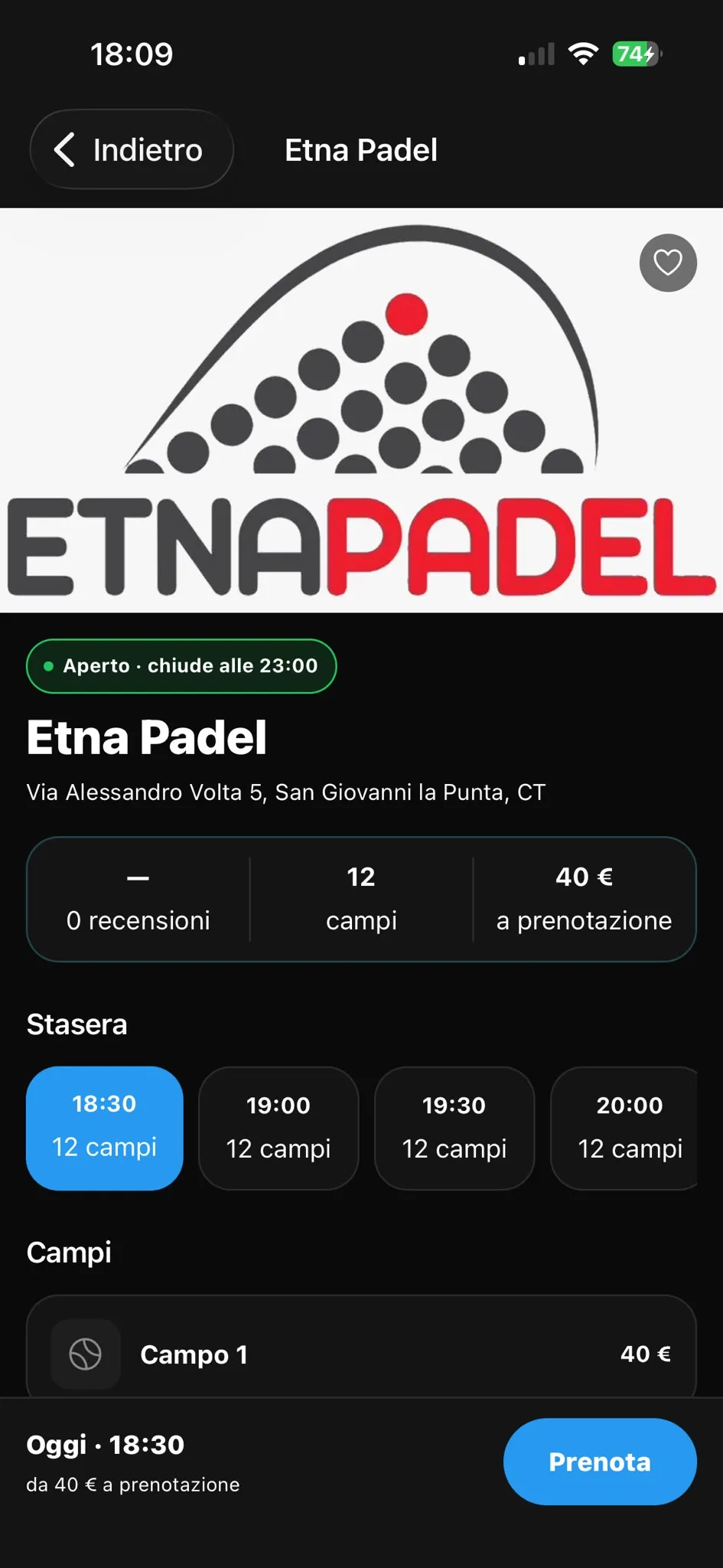 Scheda di un circolo nell’app Focus Padel