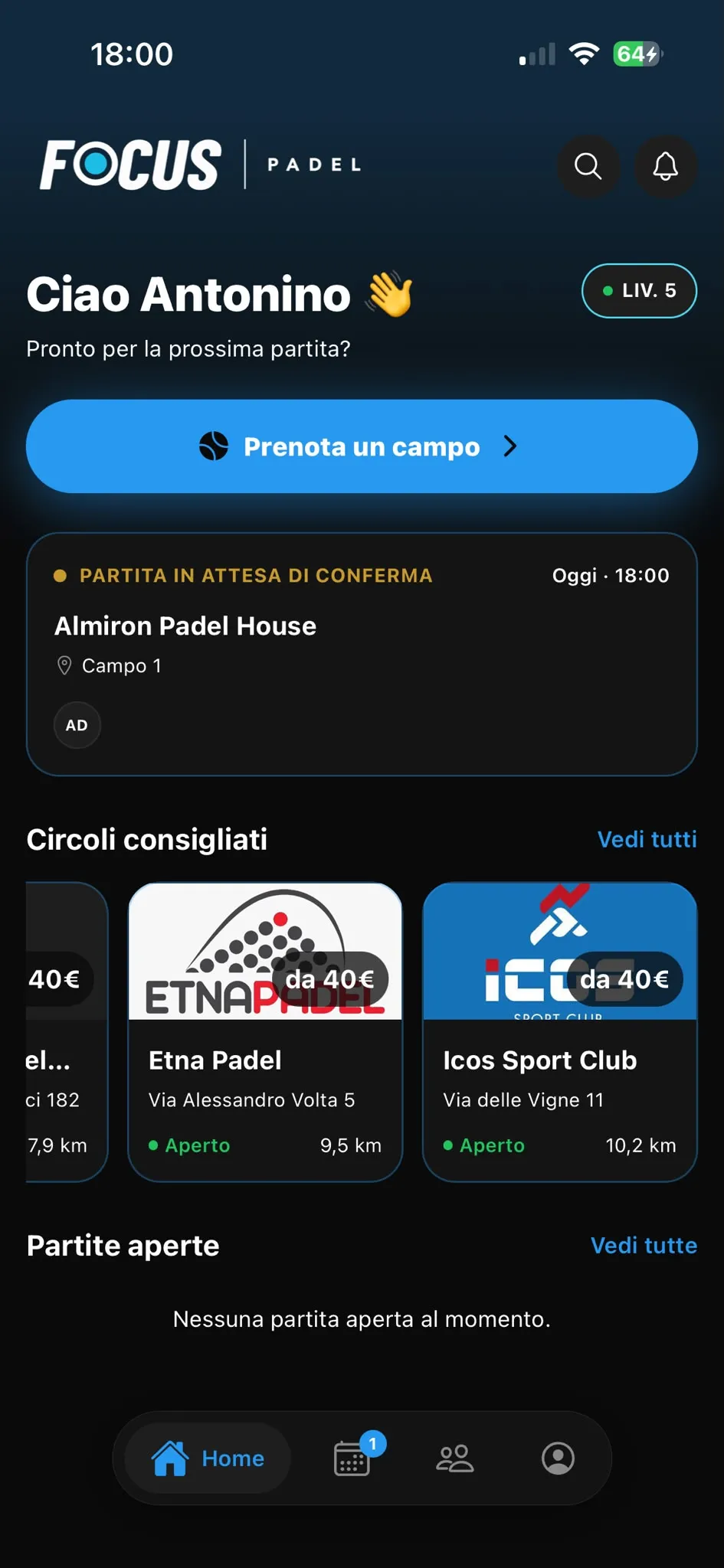 Home dell’app Focus Padel con i circoli consigliati